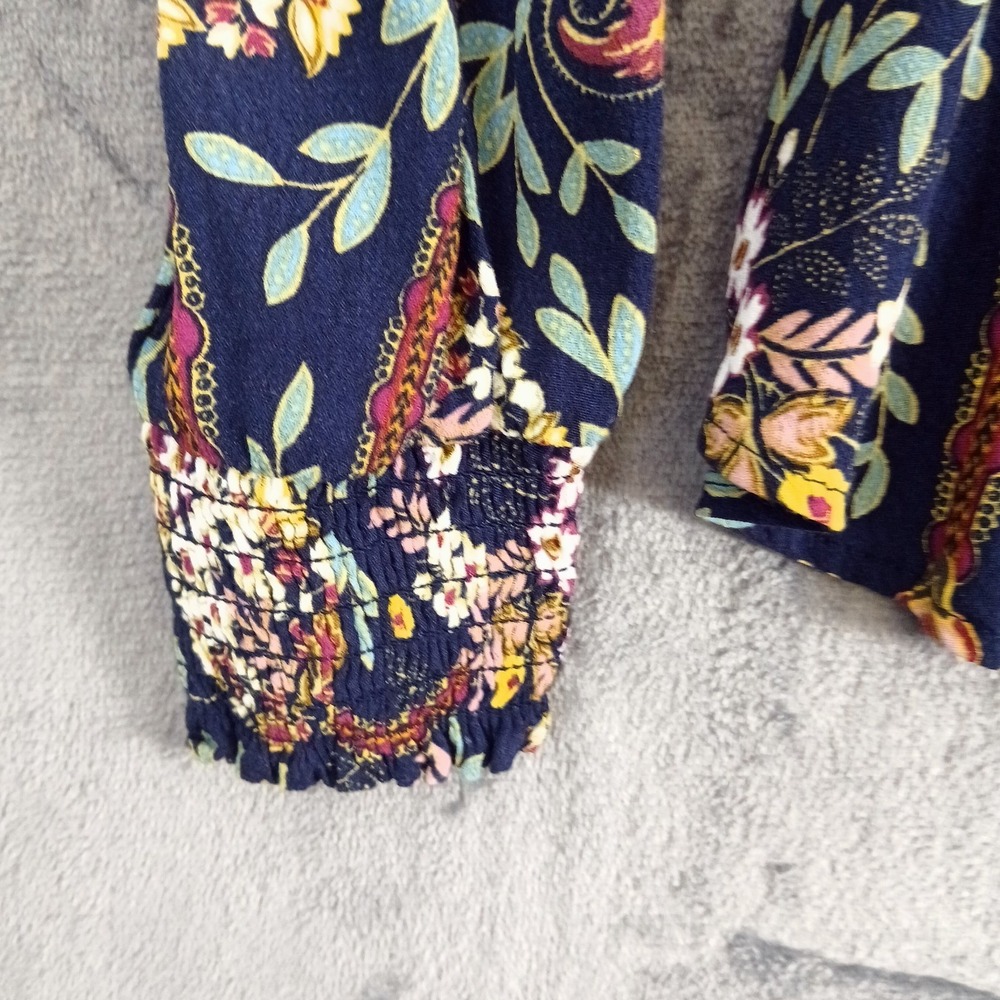 LOFT Blouse Womens XS Navy Blue Floral Paisley Long Sleeve Rayon Boho‎ Top Shirt - Picture 7 of 7